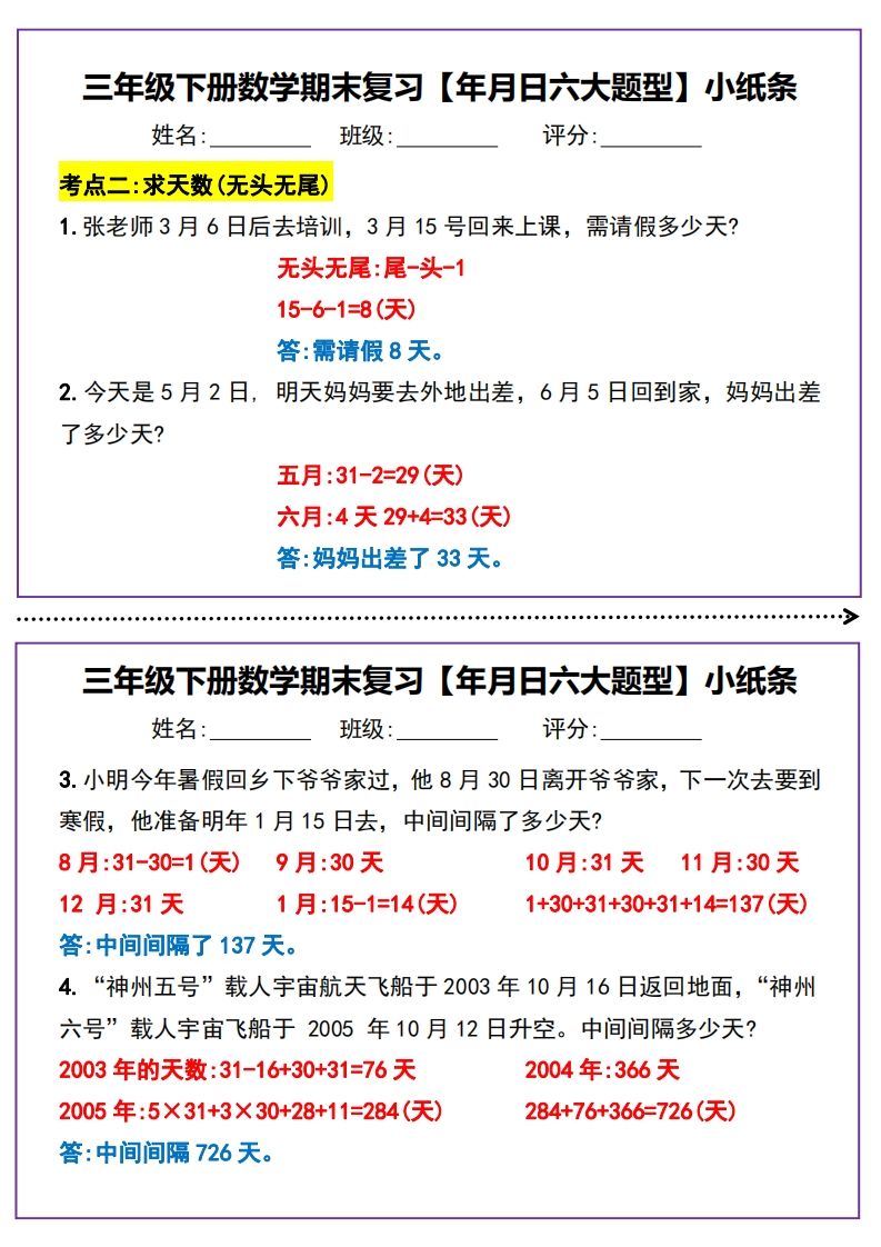 三下数学期末复习【年月日六大题型】小纸条(含答案15页)-天云资源博客网-致力于共享资源