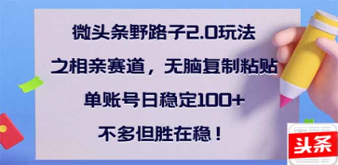 微头条野路子2.0玩法之相亲赛道，无脑搬砖复制粘贴，单账号日稳定300+...-天云资源博客网-致力于共享资源