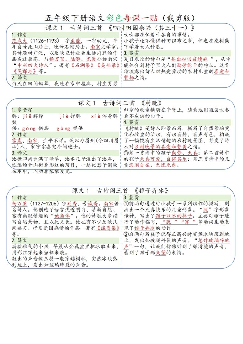 五年级下册语文彩色每课一贴（9页）-天云资源博客网-致力于共享资源